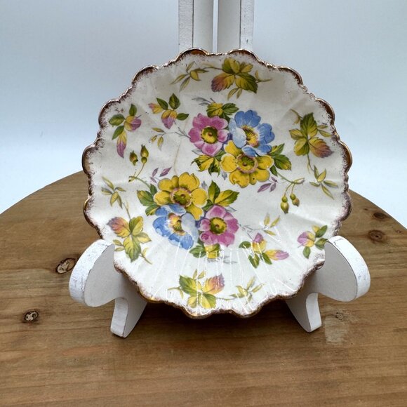 James Kent LTD Longton Made In England, #3091 Floral Trinket Dish 5" Gold Rim - Picture 1 of 9